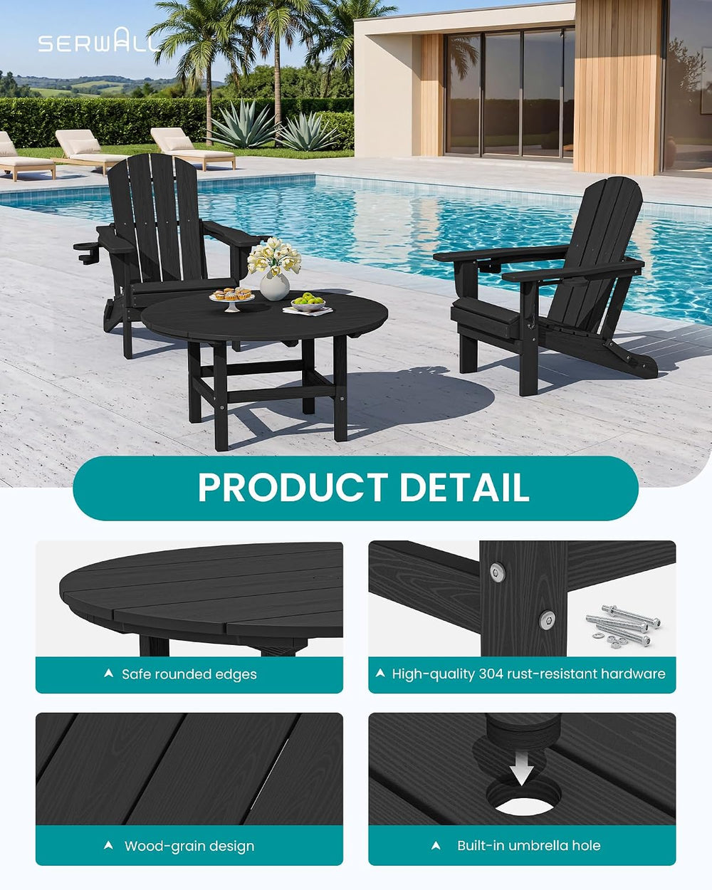 SERWALL 35.5'' Round Outdoor Coffee Table with Umbrella Hole,Black