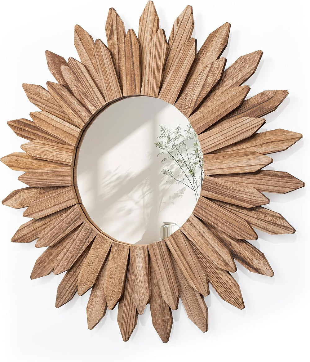 Honiway Boho Wall Decor 24 inch Rustic Wood Sunburst Boho Wall Mirror Farmhou...