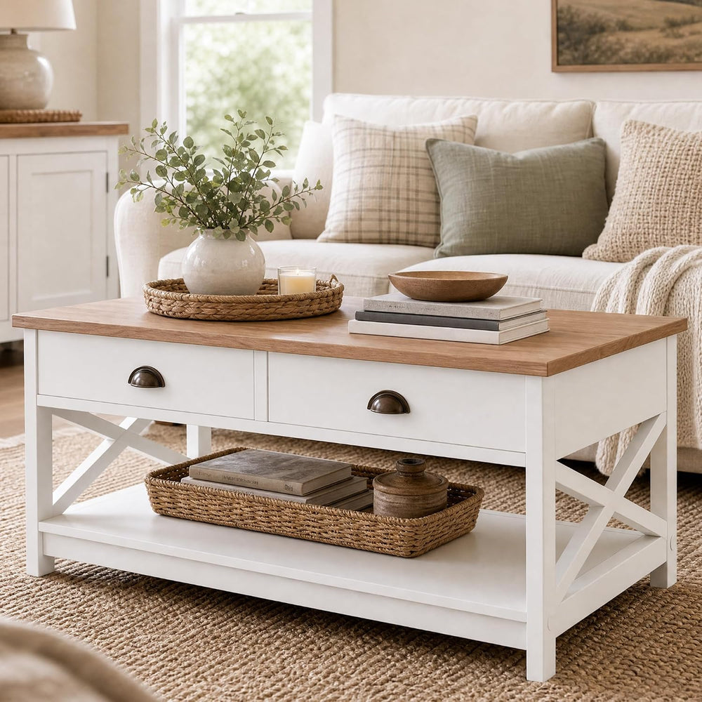 PHI VILLA White Coffee Table with Drawers,2 Tiers Living Room Coffee Table