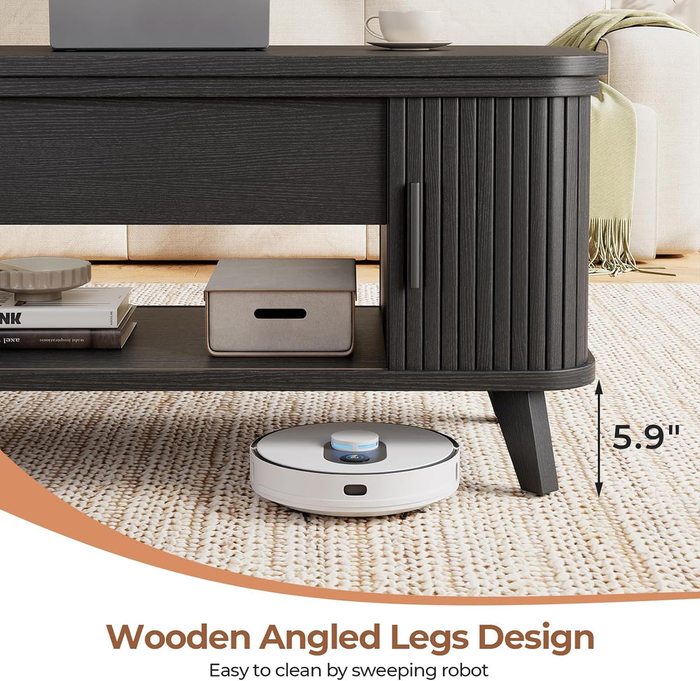 39.4" Mid Century Modern Lift Top Coffee Table, Wooden Fluted Coffee Tab...