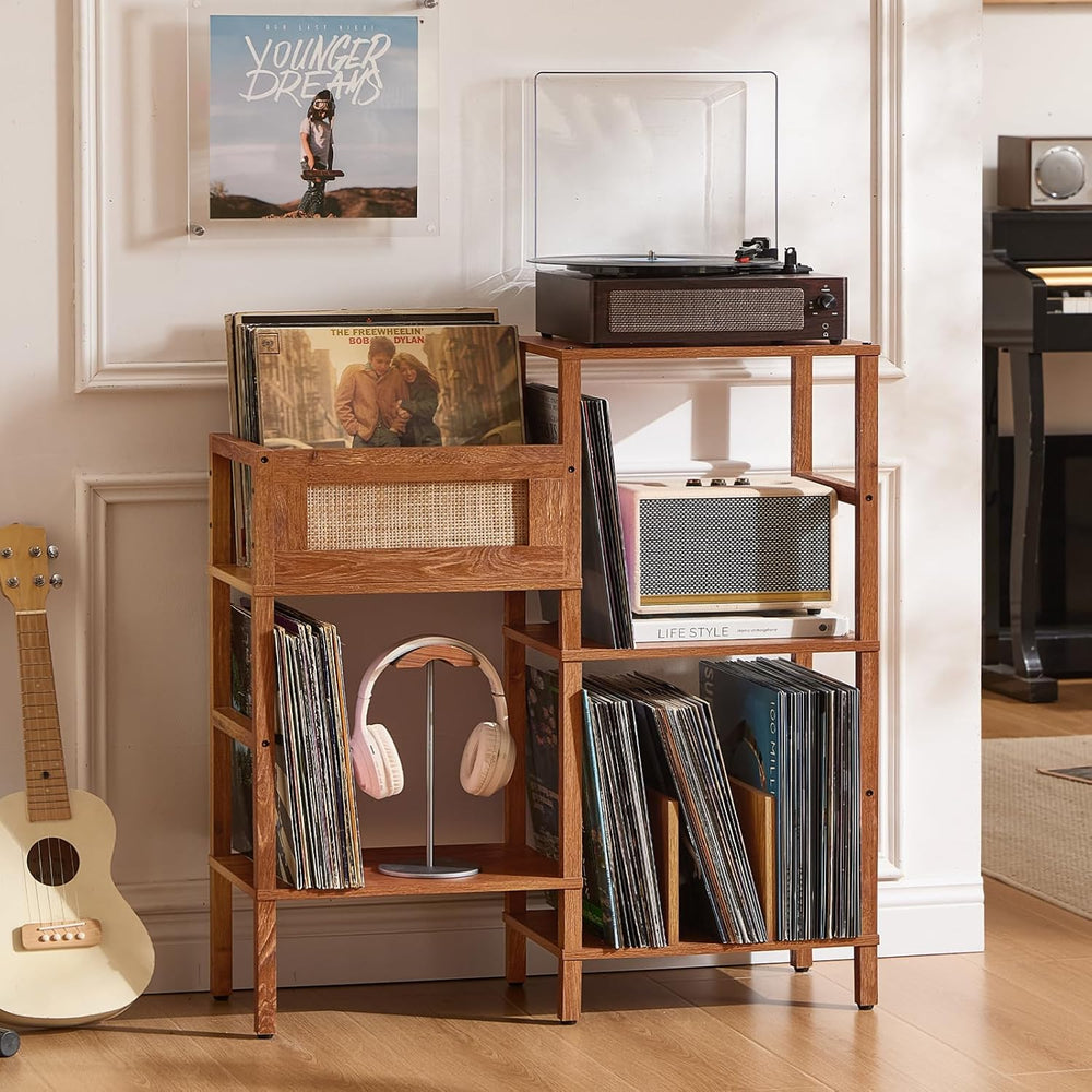 LELELINKY Record Player Stand, Brown Wood Record Holder with Vinyl Storage Ho...