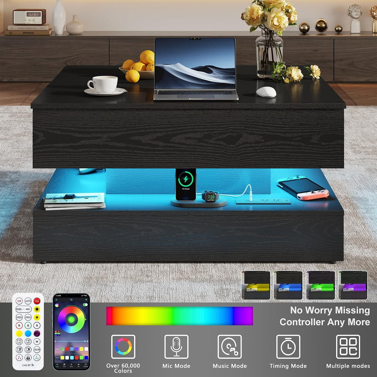 35.4" Large Square Coffee Table with Lifting top,Charging Station,Modern 2-Tier Square Center Table w/Hidden Compartment Storage,Tea Table with Wood Grain for Living Room, Office,Black