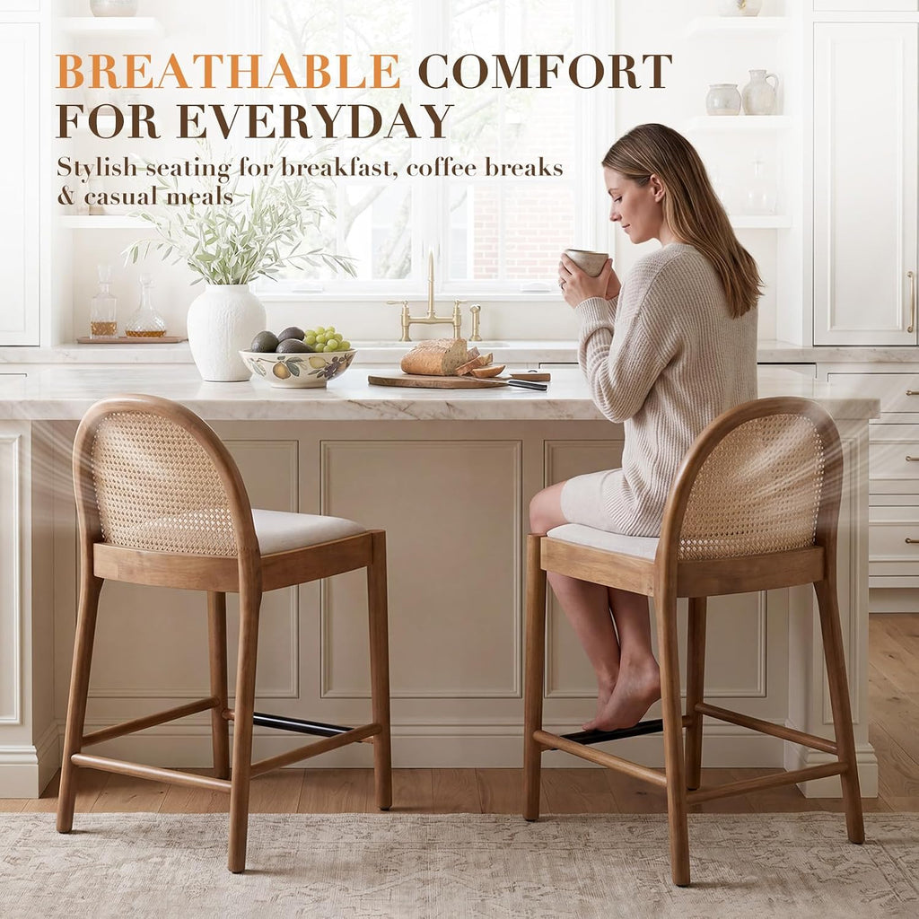 DUOMAY Modern Counter Stools Set of 4, 26 Inch Seat Height Counter Height Barstools Wooden Linen Upholstered Bar Stools with Oval Rattan Backrest Armless Kitchen Island Stool Chair, Beige