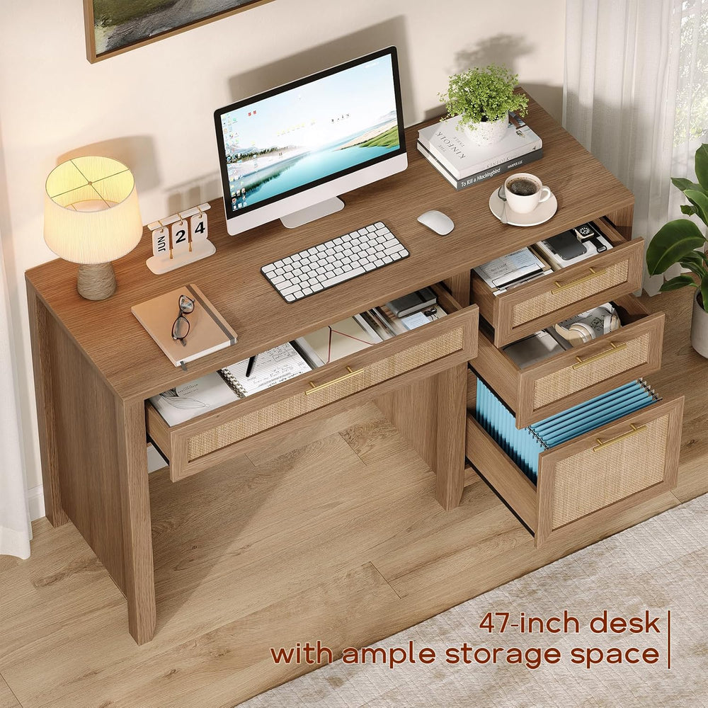 Vabches 47" Farmhouse Rattan Executive Desk with File Drawer, Brown