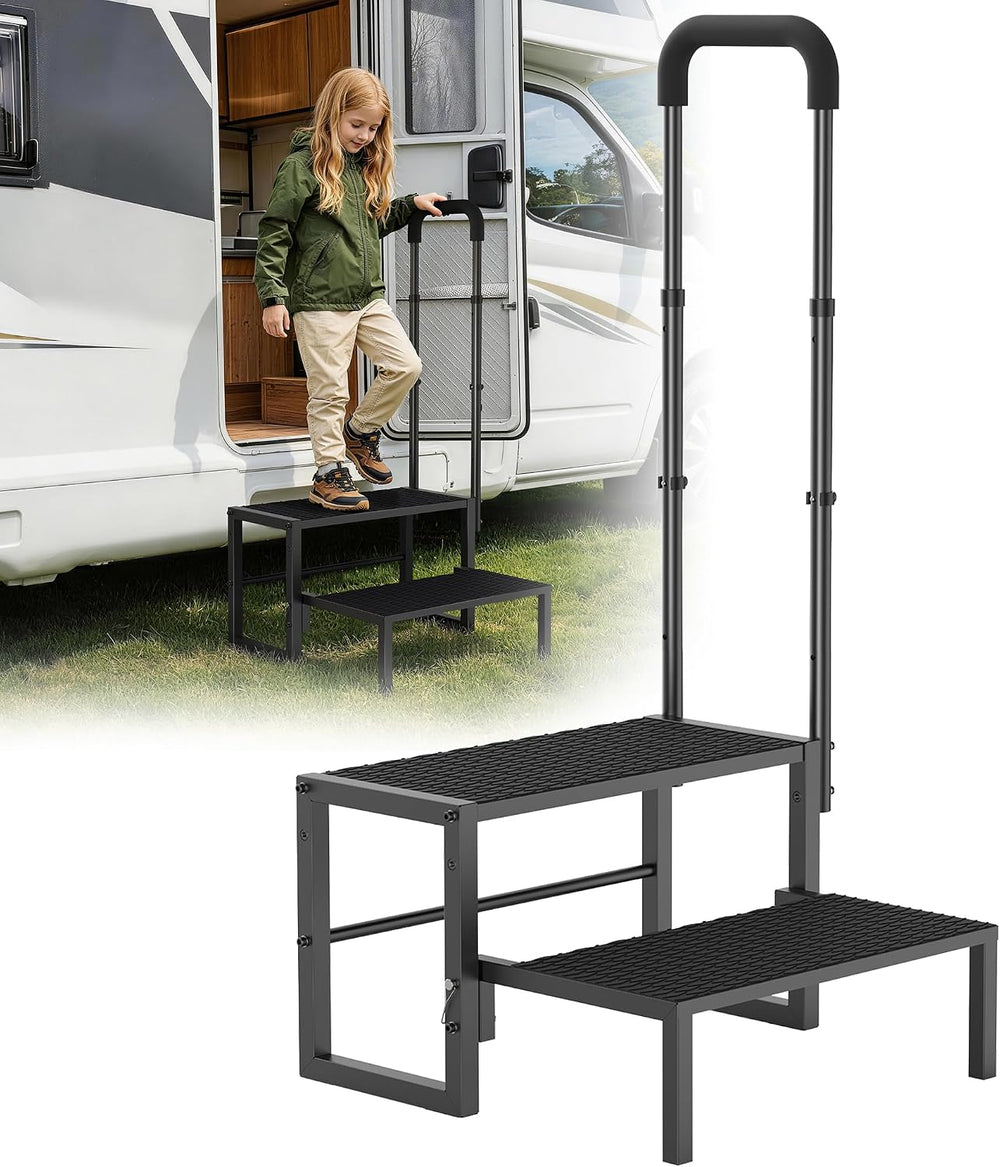 2-Step RV Steps with Handrail, Heavy Duty Anti-Slip Folding Stairs