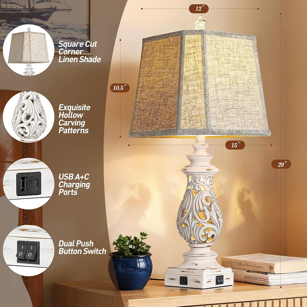 PARTPHONER 29" Table Lamps Set of 2, Bedside Lamps with USB A+C Ports &a...