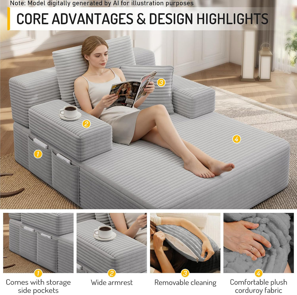 48.5'' Oversized Chaise Lounge Indoor, Corduroy Boneless Couch, Light...