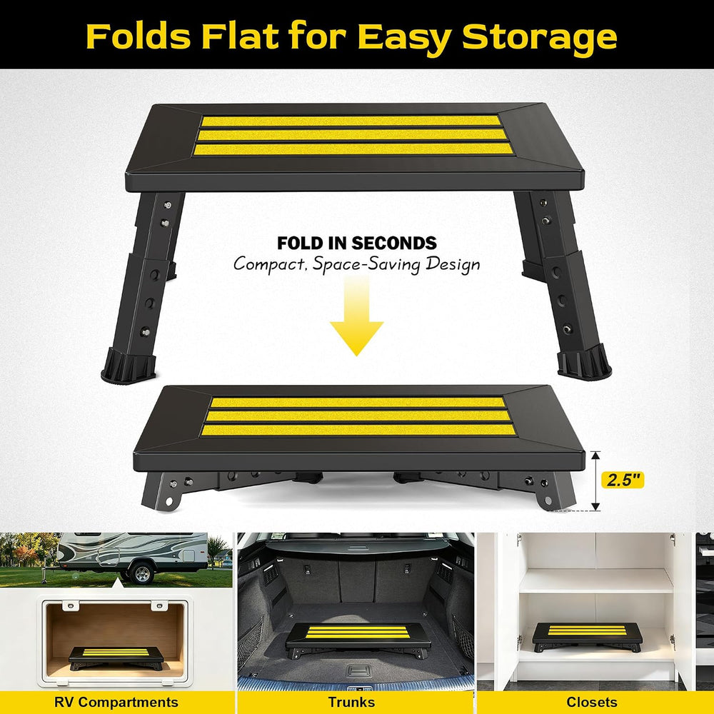 Adjustable RV Step Stool, 17" x 13" Wide Platform, Foldable Legs