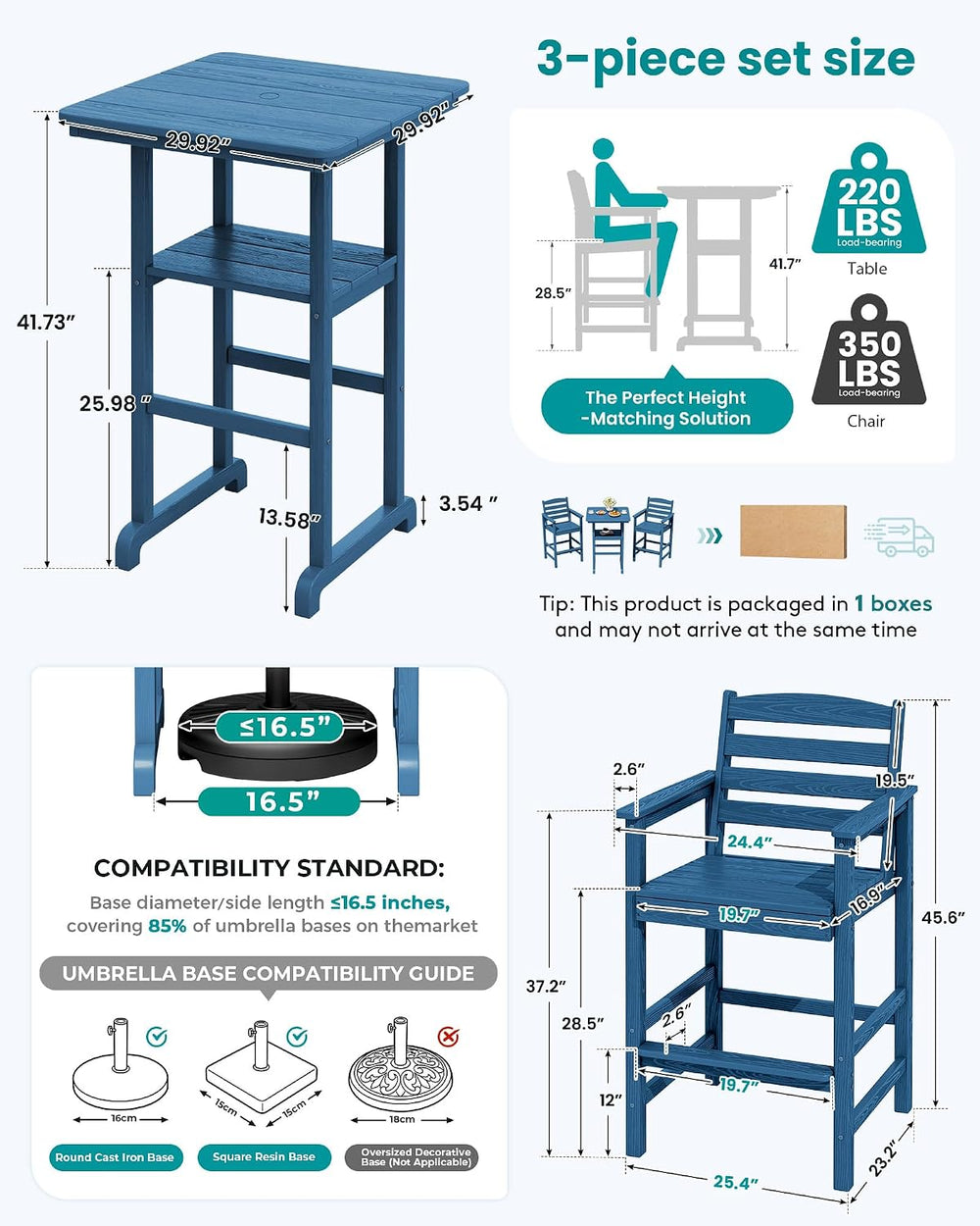 SERWALL 3 Pcs HDPE Bar Height Chairs and Double Layer Pub Table Set, Blue