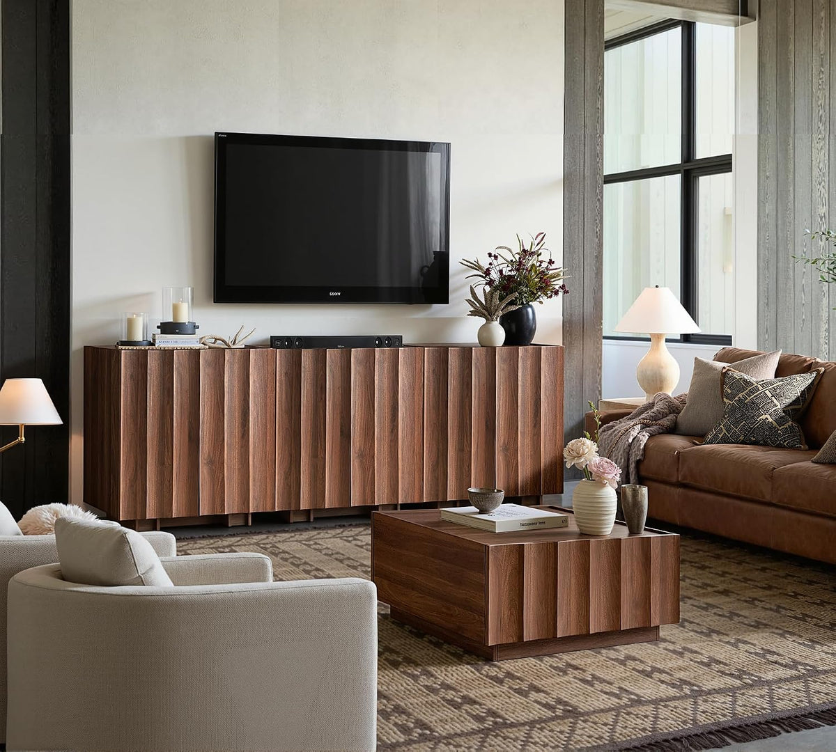 win2win 30.8" Sideboard Buffet Cabinet with Storage, Walnut, Wave Design