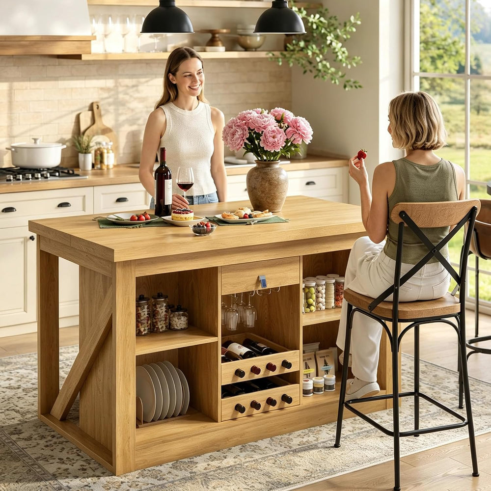 Viviwood Kitchen Island with Storage, 55" Farmhouse Stationary Island Ta...