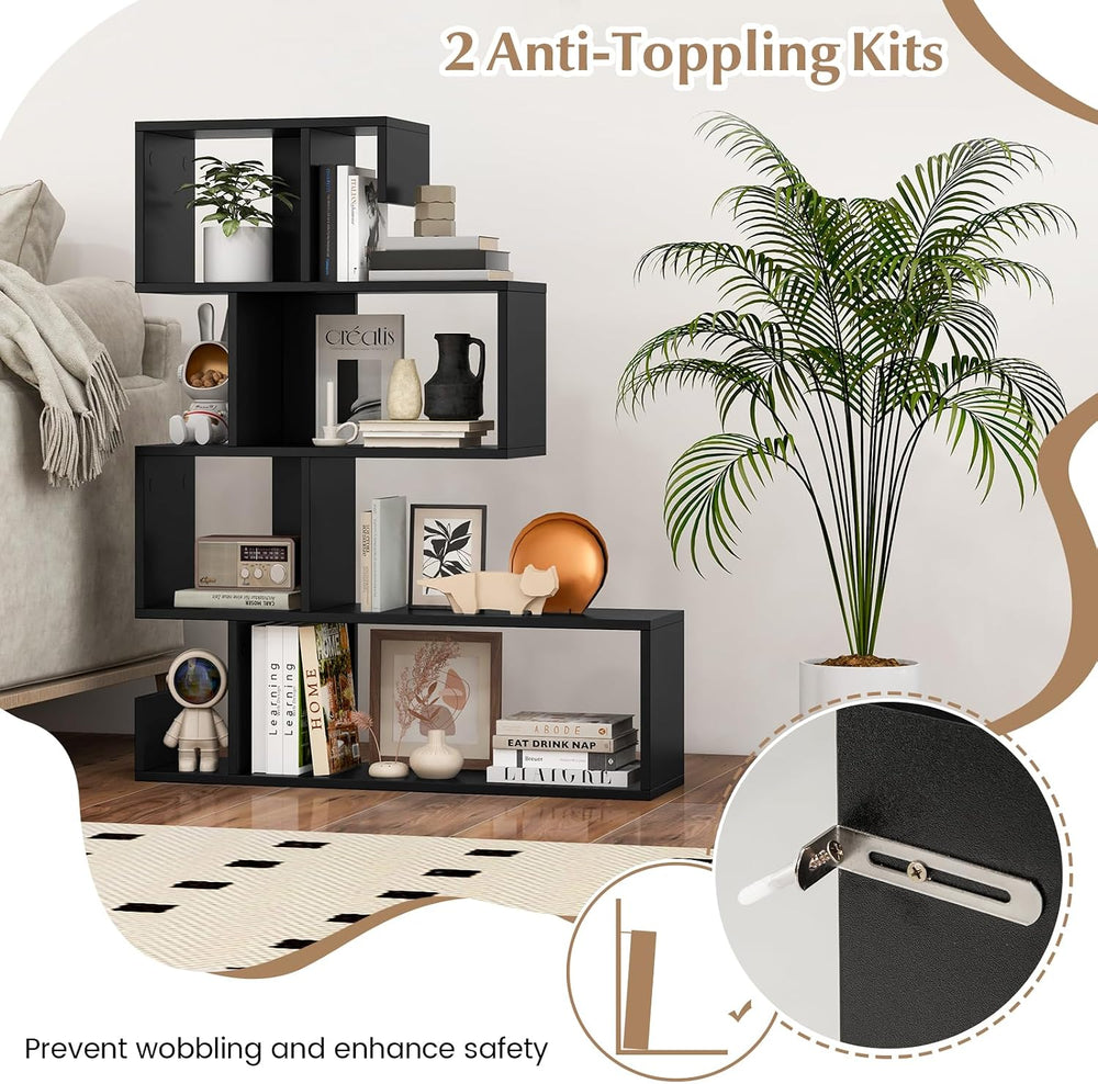 GIANTEX 5-Tier Geometric Bookshelf, S-Shaped Bookcase w/Open Cubes, Black