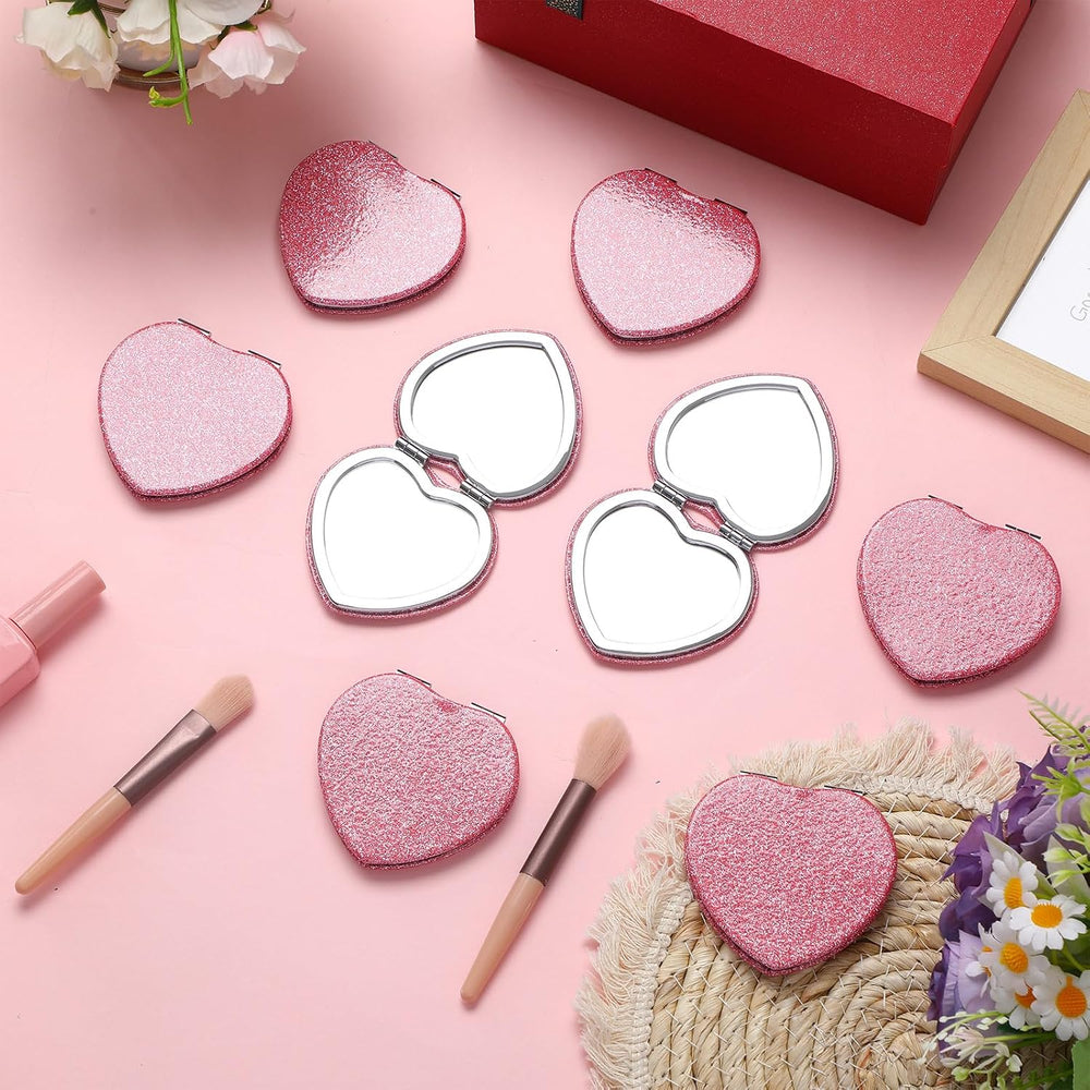 24 Pcs Heart Compact Mirrors Double Sided Magnifying, Pink