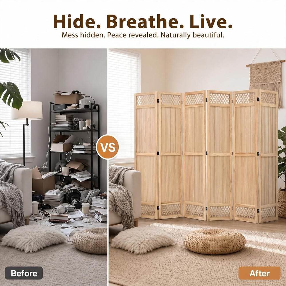 Wood Room Divider Privacy Screen, Natrual Carved Room Divider 6 Panel 67"