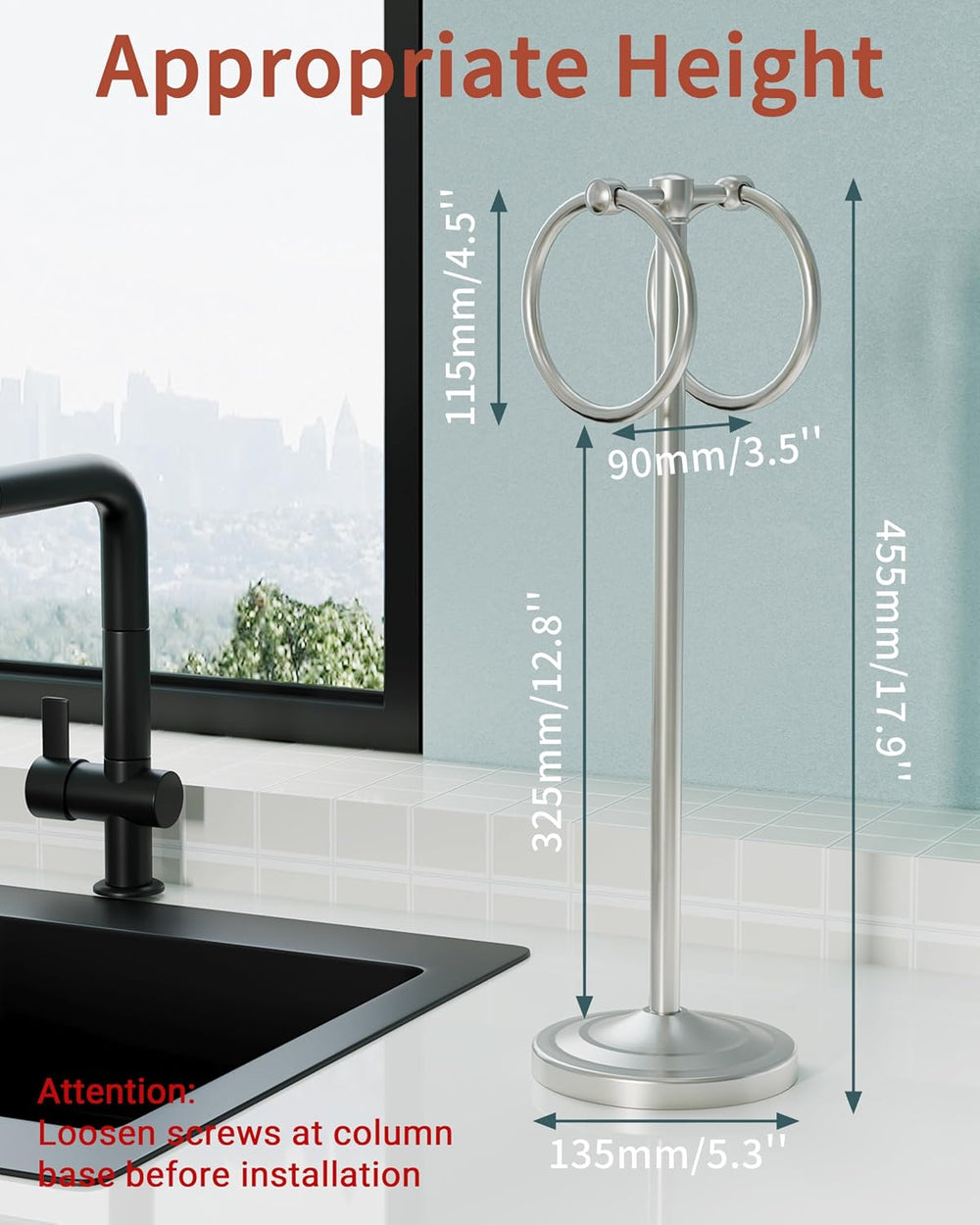 18" Hand Towel Holder Stand with Double Ring, Brushed Nickel
