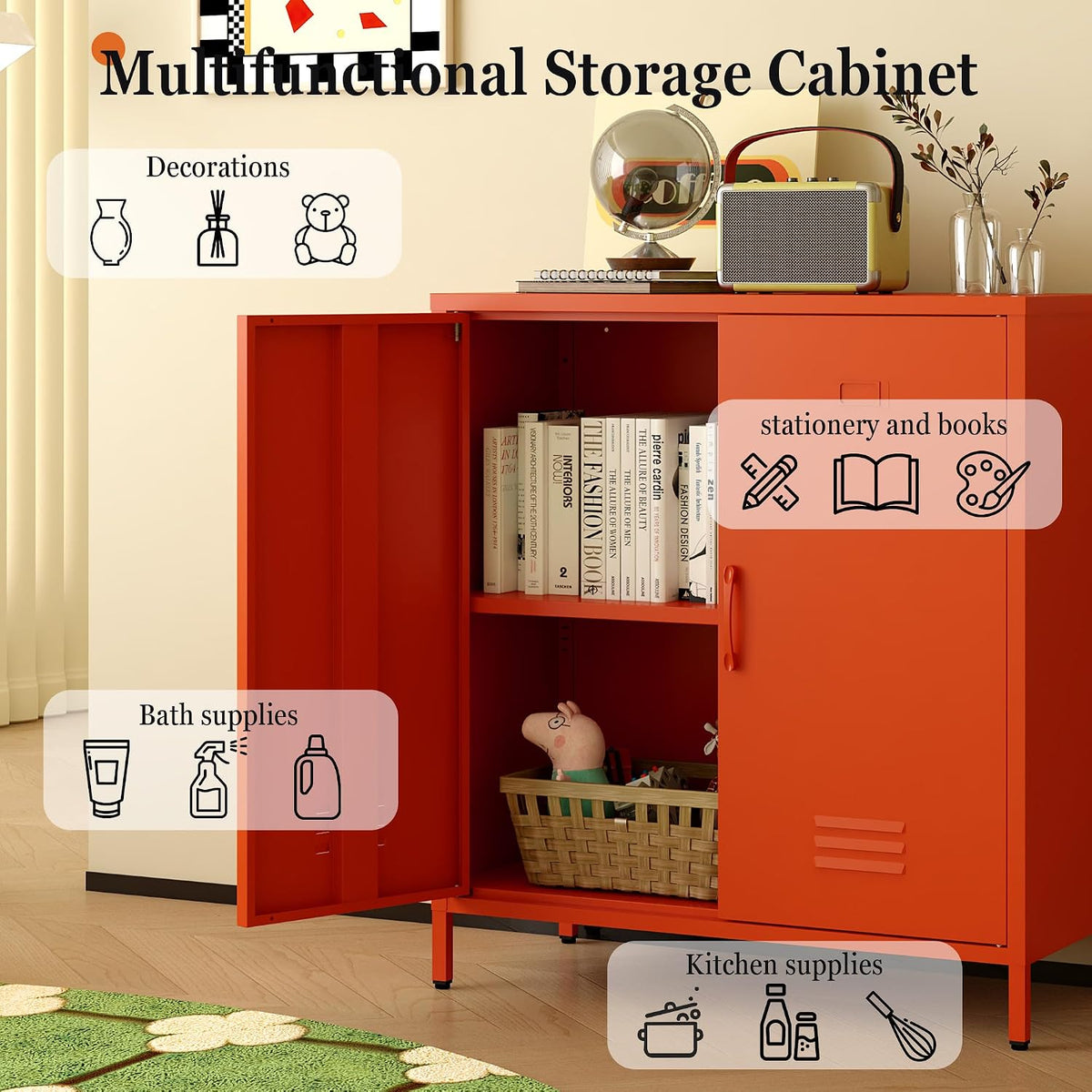 Metal Storage Cabinet with Adjustable Shelves & Magnetic Doorstops, 2-Door Metal Side Cabinet, Storage Cabinets for Living Room Kitchen Office,Orange