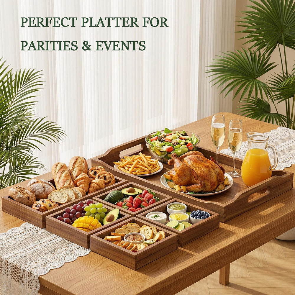 Acacia Wood Serving Tray with Handles for Ottoman Coffee Table
