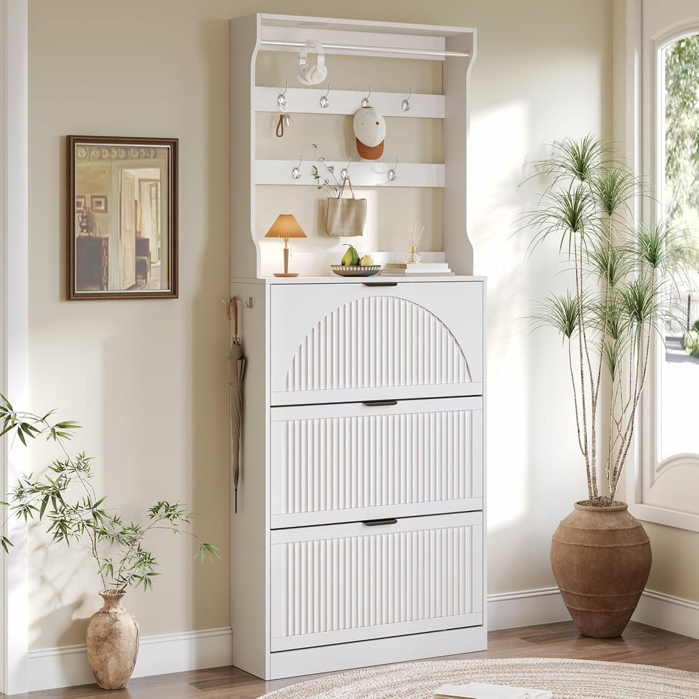 BORNOON Shoe Cabinet for Entryway with Coat Rack, Slim Fluted Design