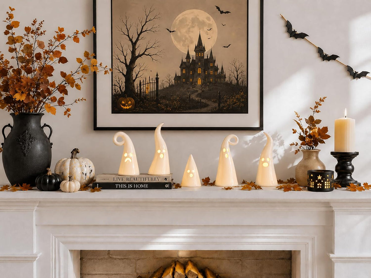 Parsin 5 PCS Ceramic Ghost Light Up Decor, Cute Halloween Decor