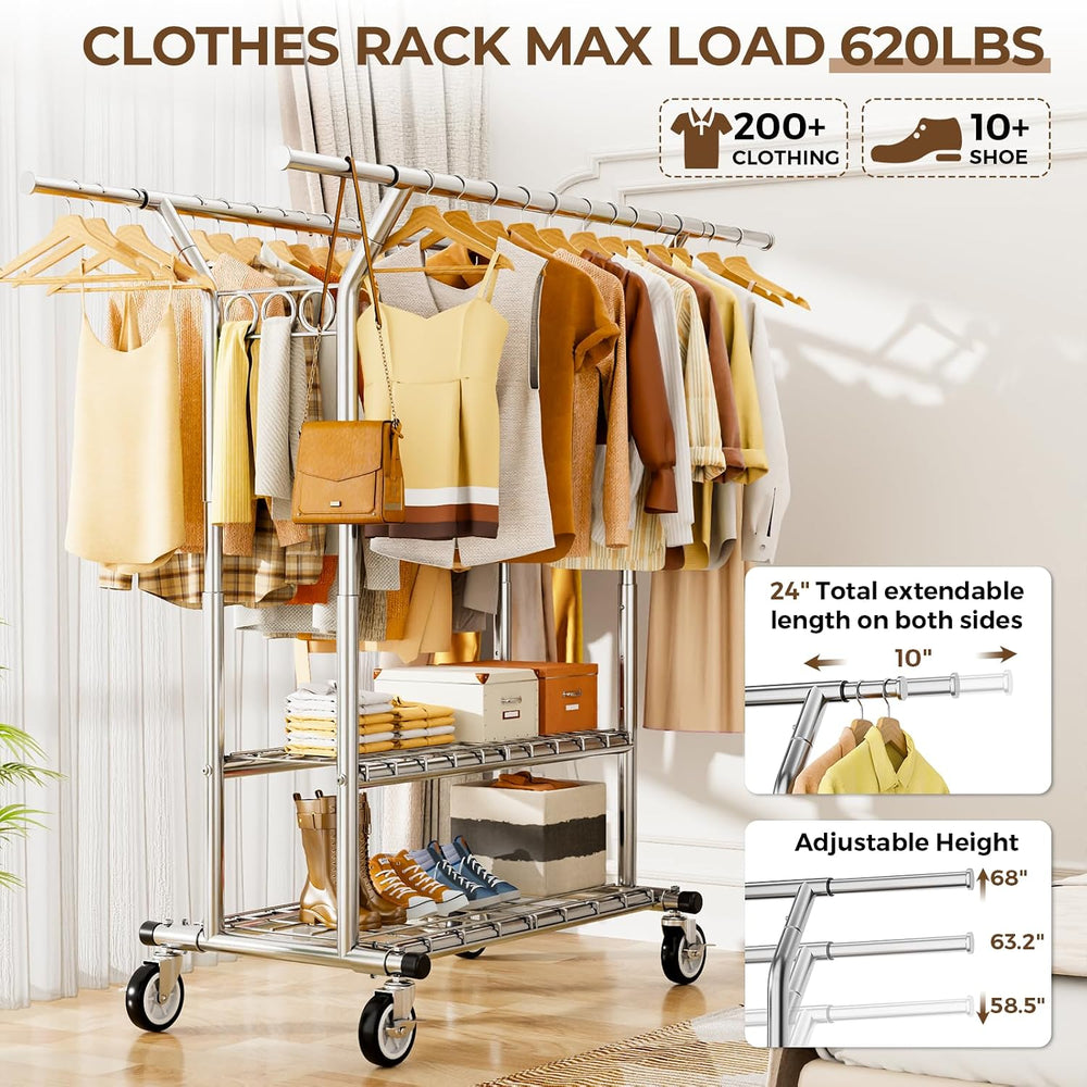 HYSEYY Heavy Duty Clothes Rack 620 LBS, Rolling Clothing Rack with Wheels