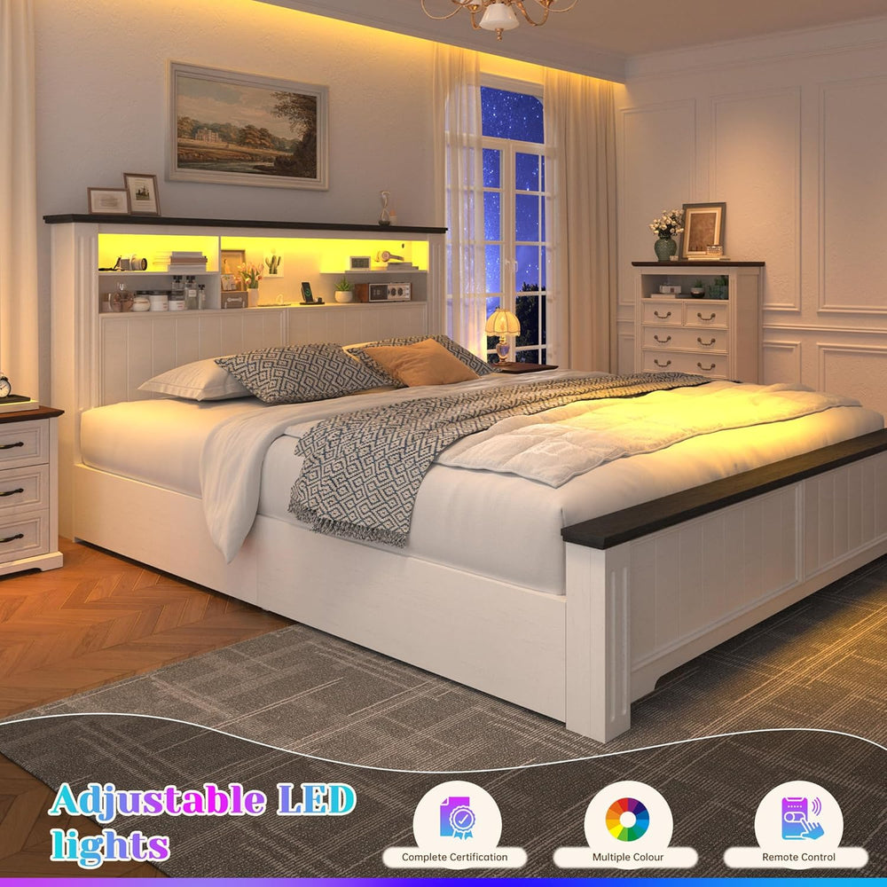 EnHomee Queen Bed Frame with Headboard and Storage,4 Drawers,White