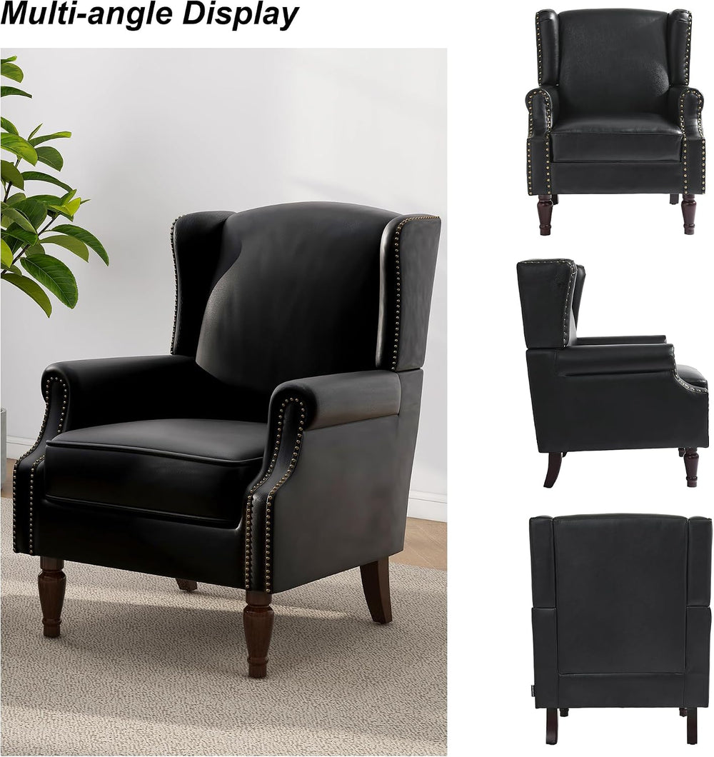 Faux Leather Wingback Accent Chair with Wood Legs, Black, Set of 1