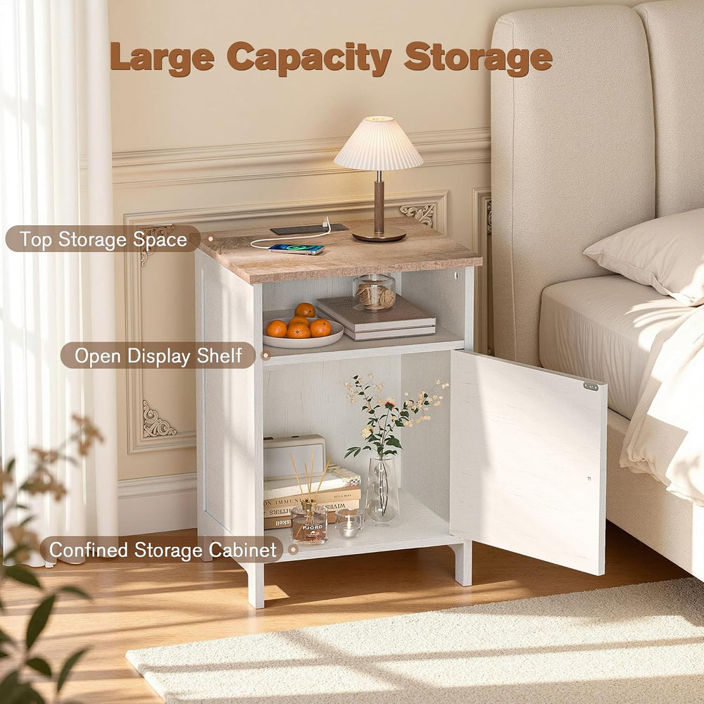 Nightstand with Charging Station, Farmhouse Night Stand Bedside Table with Op...
