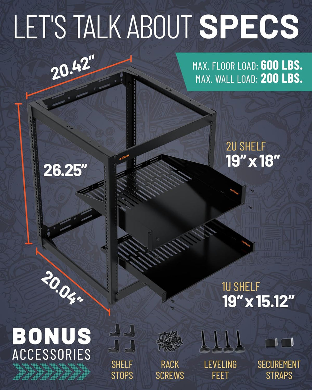 ECHOGEAR 15U Open Frame Rack w/Optimal Air Flow, DIY Assembly, 20.4” Depth