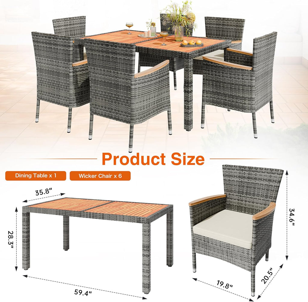 shintenchi 7 pcs wicker patio dining set, grey, close-up detail