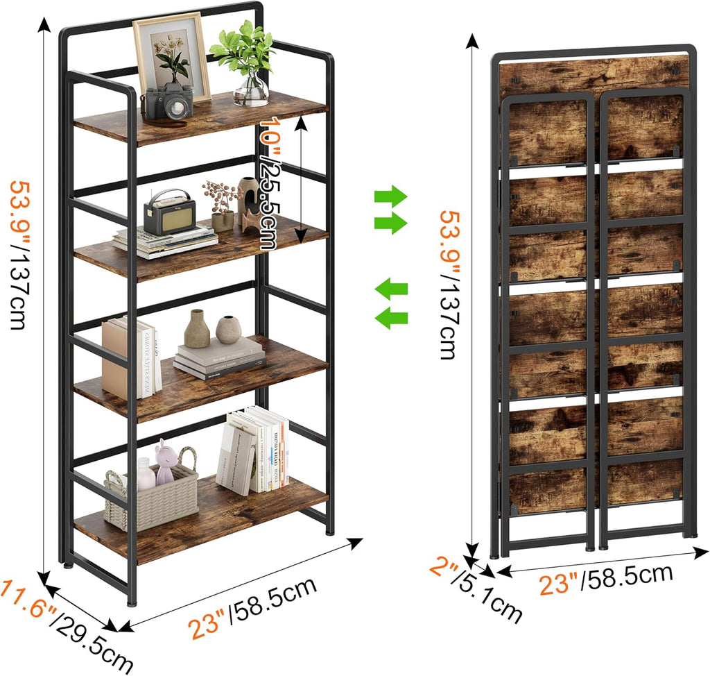 folding bookshelf 4 tiers,no assembly,vintage wood storage,rustic brown, side view