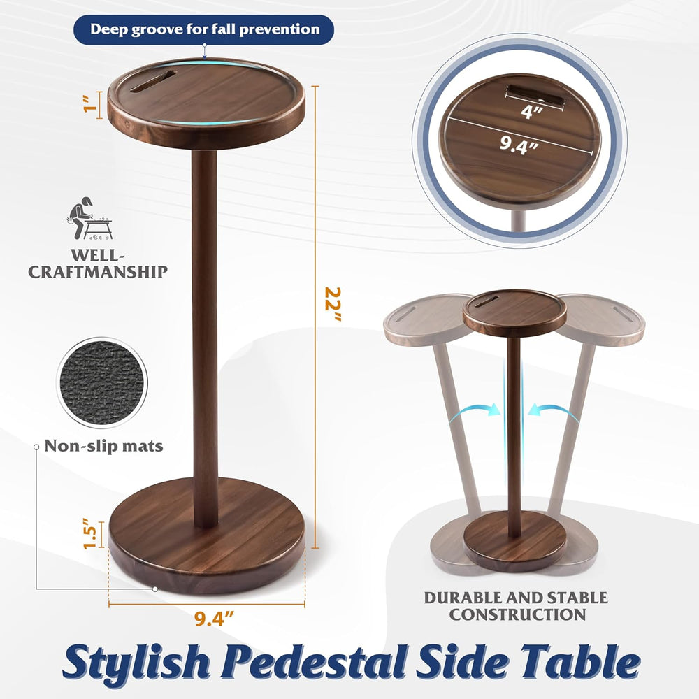 BLUEWEST Small Round Side Table, Drink Table with Phone Slot, 22" Walnut