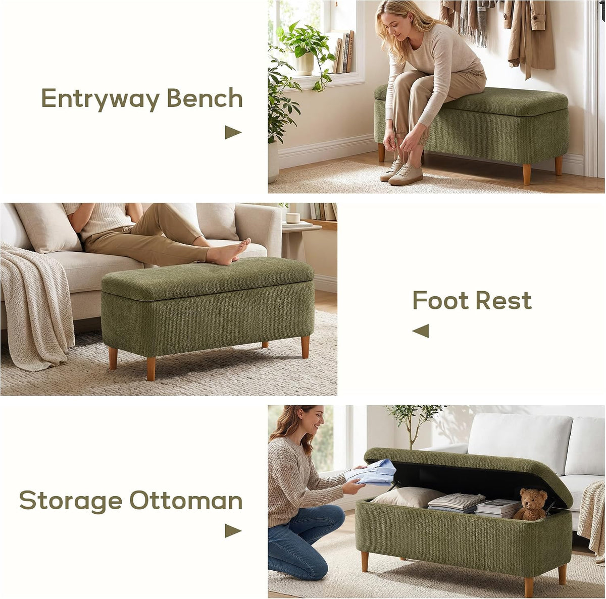 39.4”Ottoman with Storage Set of 2,Upholstered Comfy Storage Bench Ottoman with Wooden Legs,End of Bed Bench Footstool for Hallway Entryway Bedroom Living Room Corner Green
