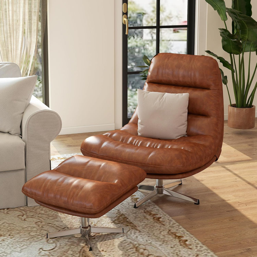 Modern Swivel Accent Chairs with Ottoman Set of 2, PU Leather Oversized Armle...