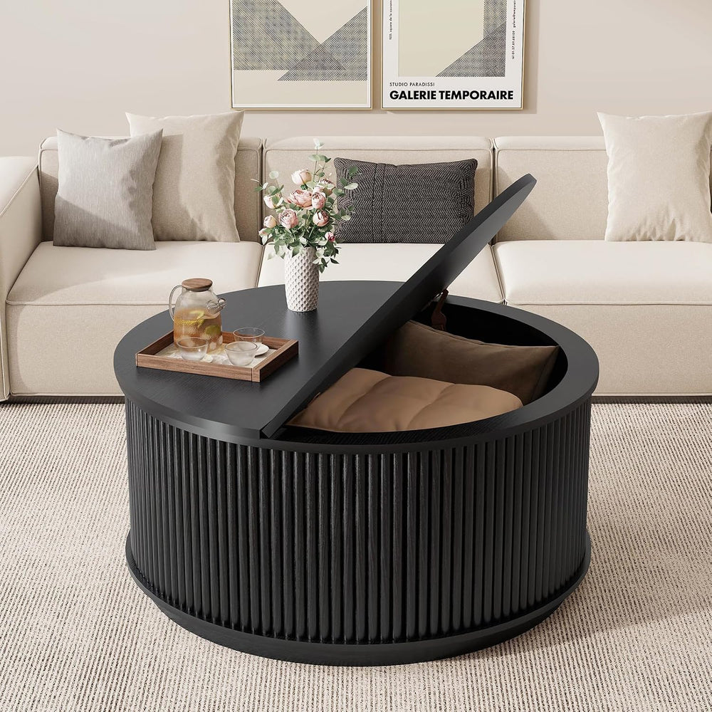LYNCOHOME 31.5'' Fluted Flip Top Round Coffee Table with Storage, Dru...