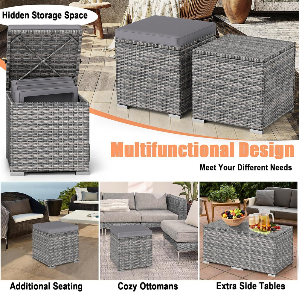 RELAX4LIFE Wicker Outdoor Storage Ottoman - 2-Piece Rattan Footstool w/Remova...