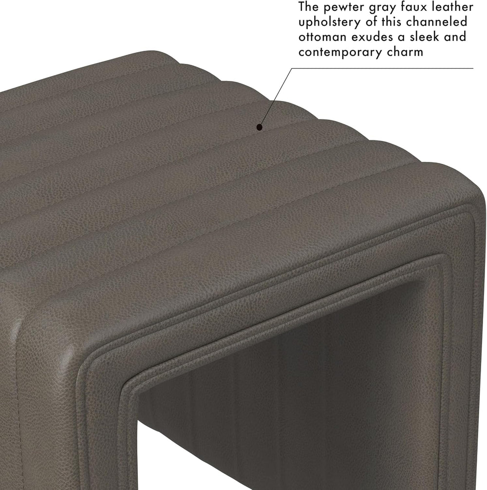 HomePop 19" Modern Channel Tufted Ottoman - Pewter Gray Faux Leather
