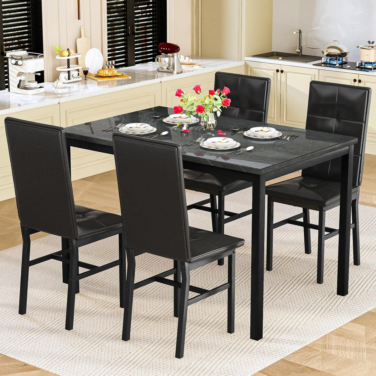 Hooseng Dining Table Set for 4, Faux Marble Small Kitchen Table with 4 PU Leather Chairs, Modern 5 Piece Dinner Table Set for Dining Room, Breakfast Nook, Samll Space, Black