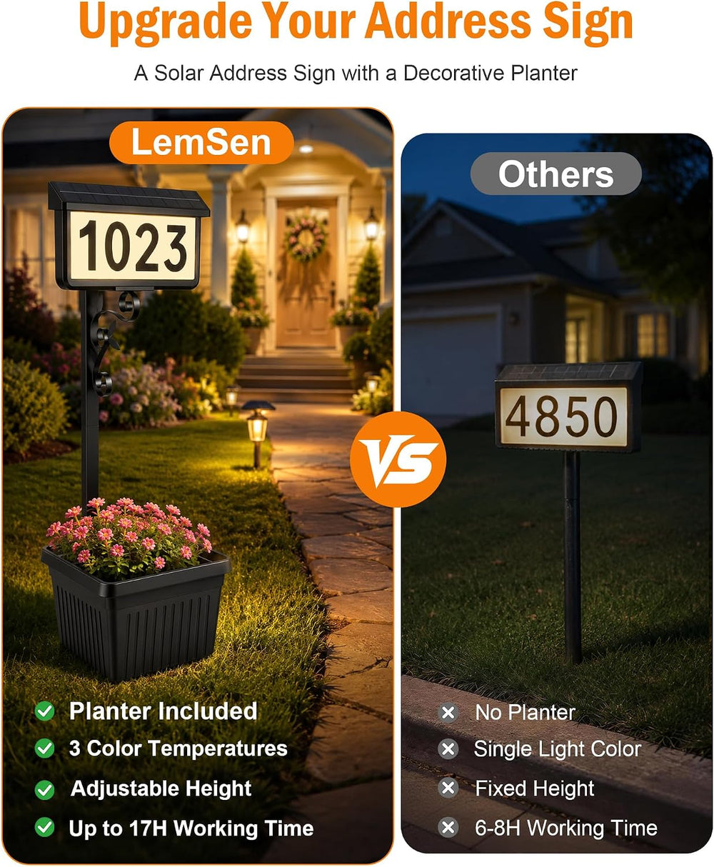 Solar Address Sign with Planter, 2-in-1 House Numbers for Outside
