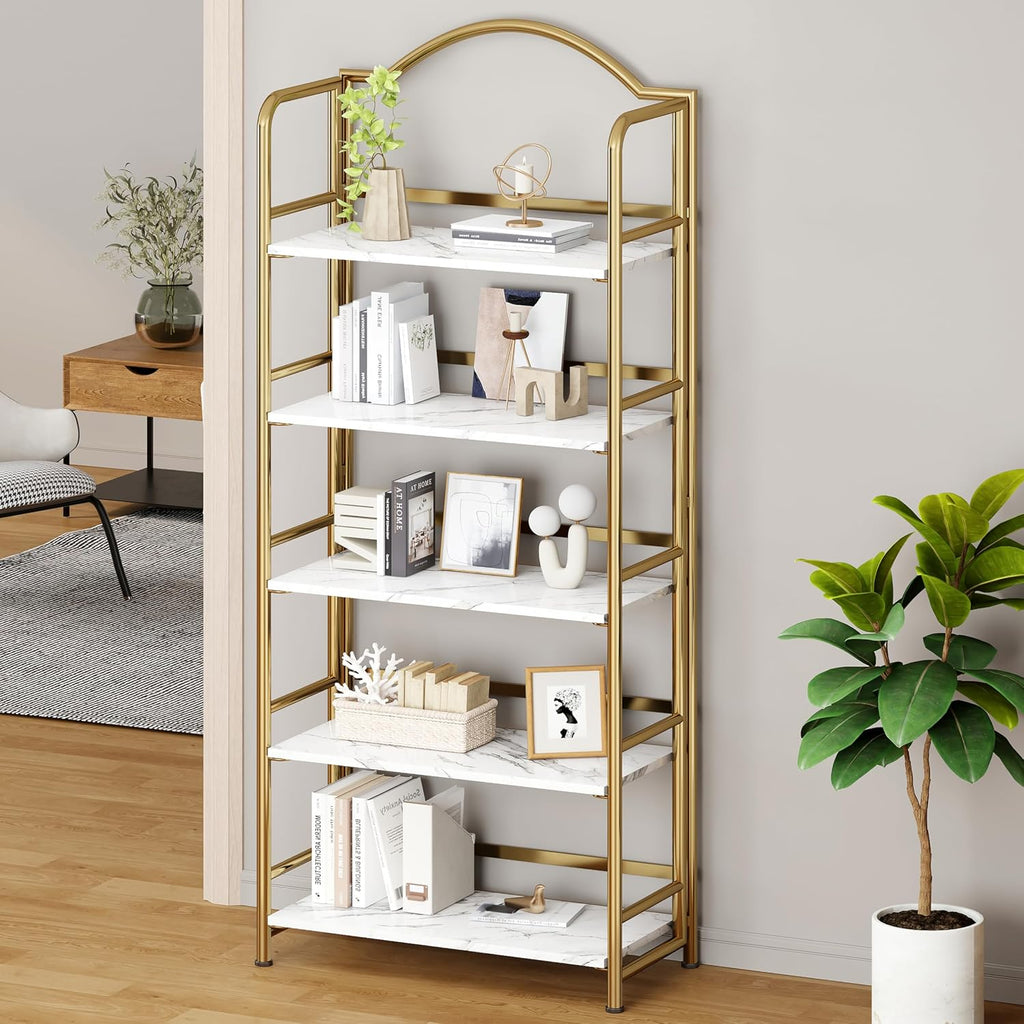 gold folding bookshelf 5 tiers, no assembly,vintage storage shown in use