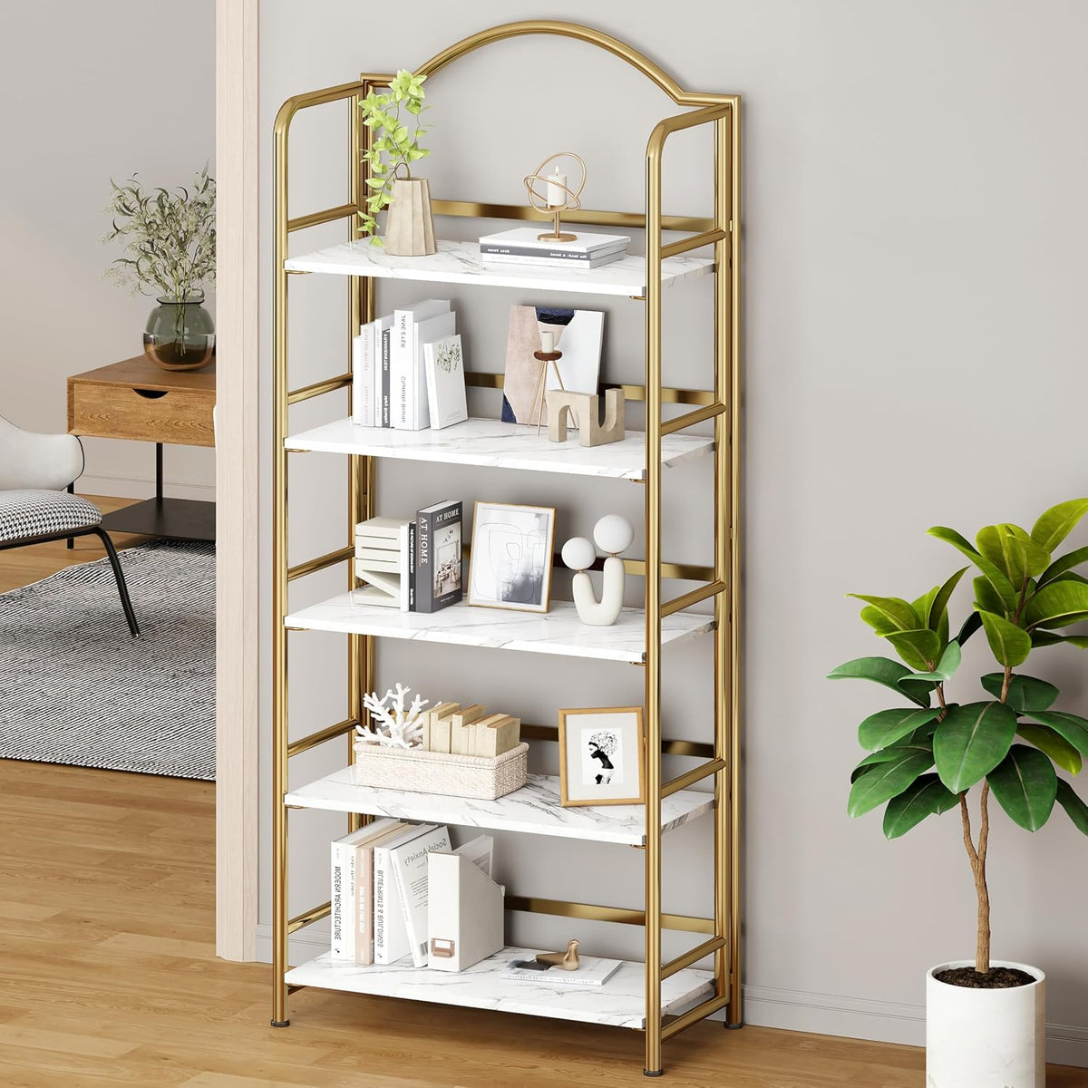 gold folding bookshelf 5 tiers, no assembly,vintage storage shown in use