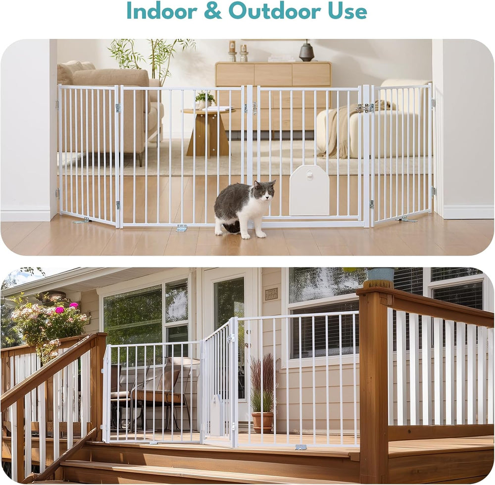 No Pawblems Freestanding Dog Gate with Cat Door for Indoor & Outdoor, White