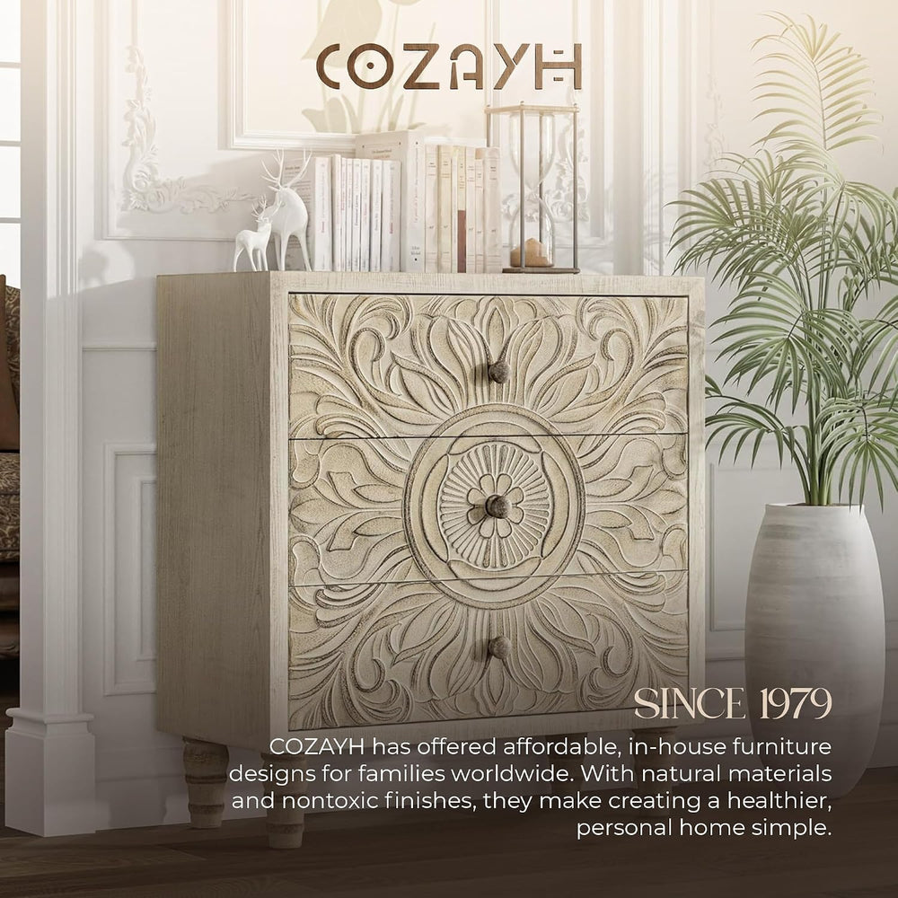 COZAYH 3-Drawer Bedroom Dresser with Carved Floral Front, Distressed Weathere...