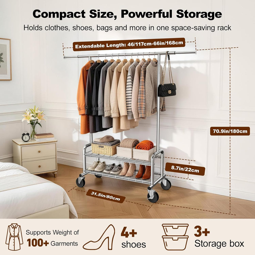 Clothes Rack Heavy Duty, 550 LBS Rolling Clothing Rack with Wheels, Silver