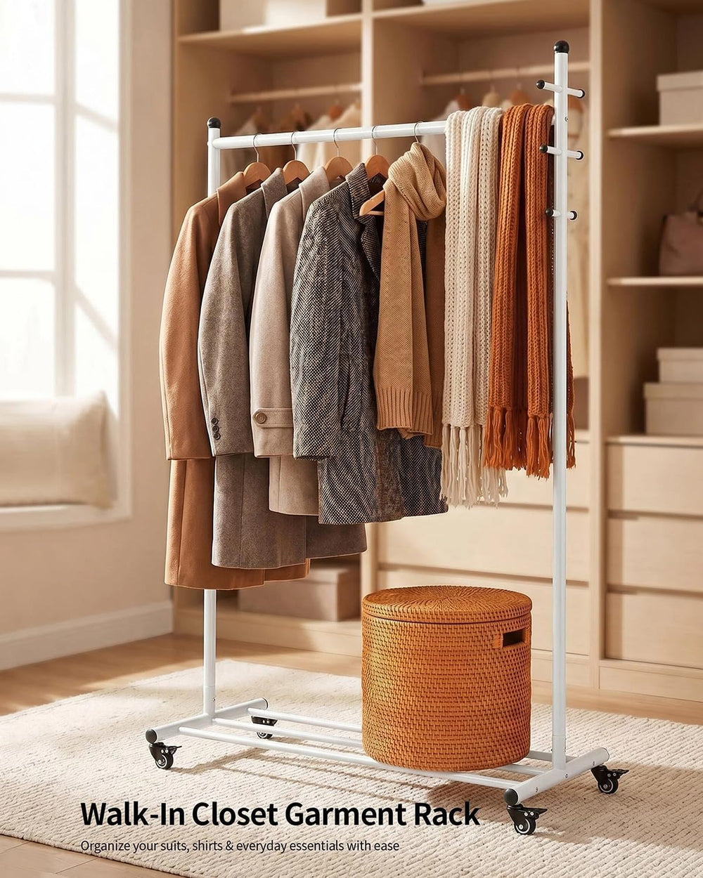 Rolling Clothes Rack Heavy Duty Garment Rack with Wheels, White