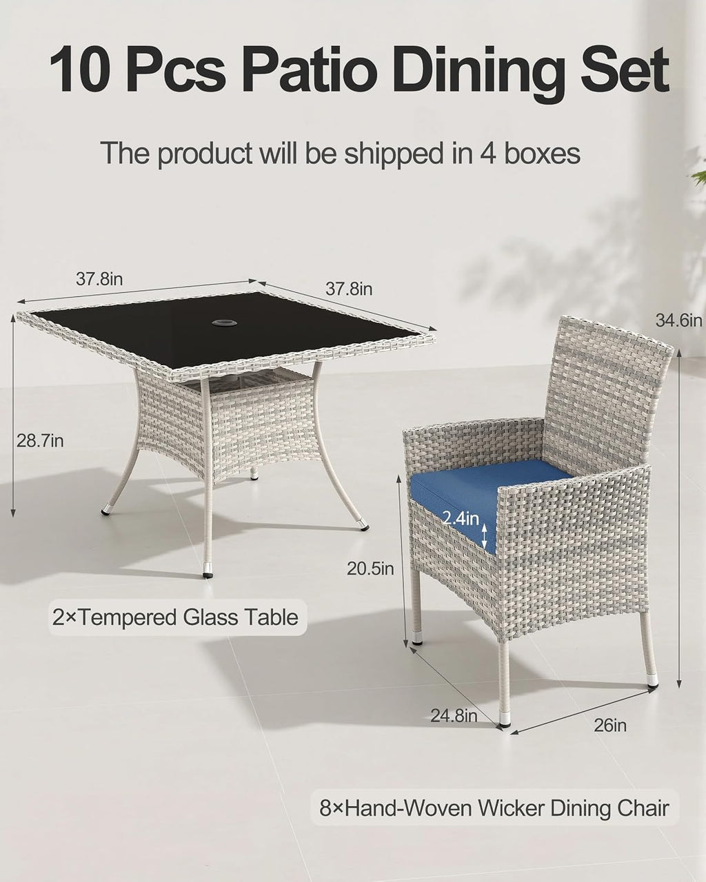 10-Piece Patio Dining Set, 2 Tempered Glass Tables & 8 Wicker Chairs