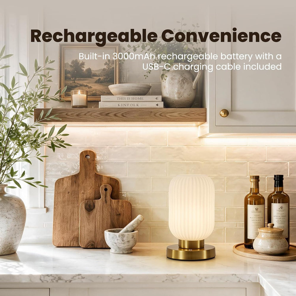6" MCM Cordless Rechargeable White Glass Table Lamp, Touch Dimmable