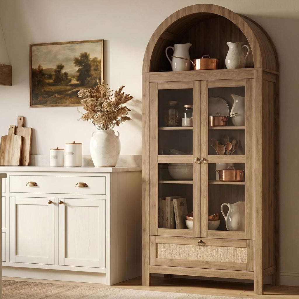 TYBOATLE 71'' Arched Pantry Cabinet with Glass Door for Kitchen Dining Room