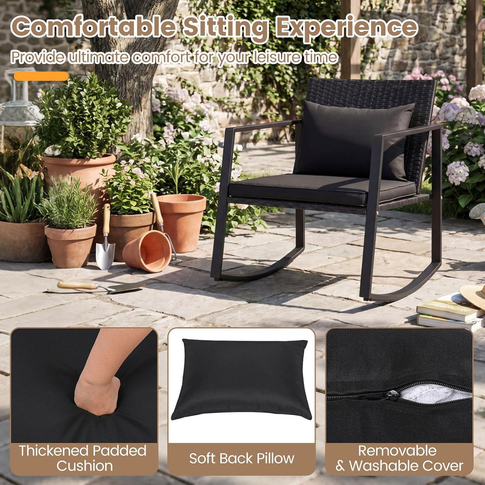 Tangkula 3-Piece Outdoor Rocking Chair Set, Black Cushion