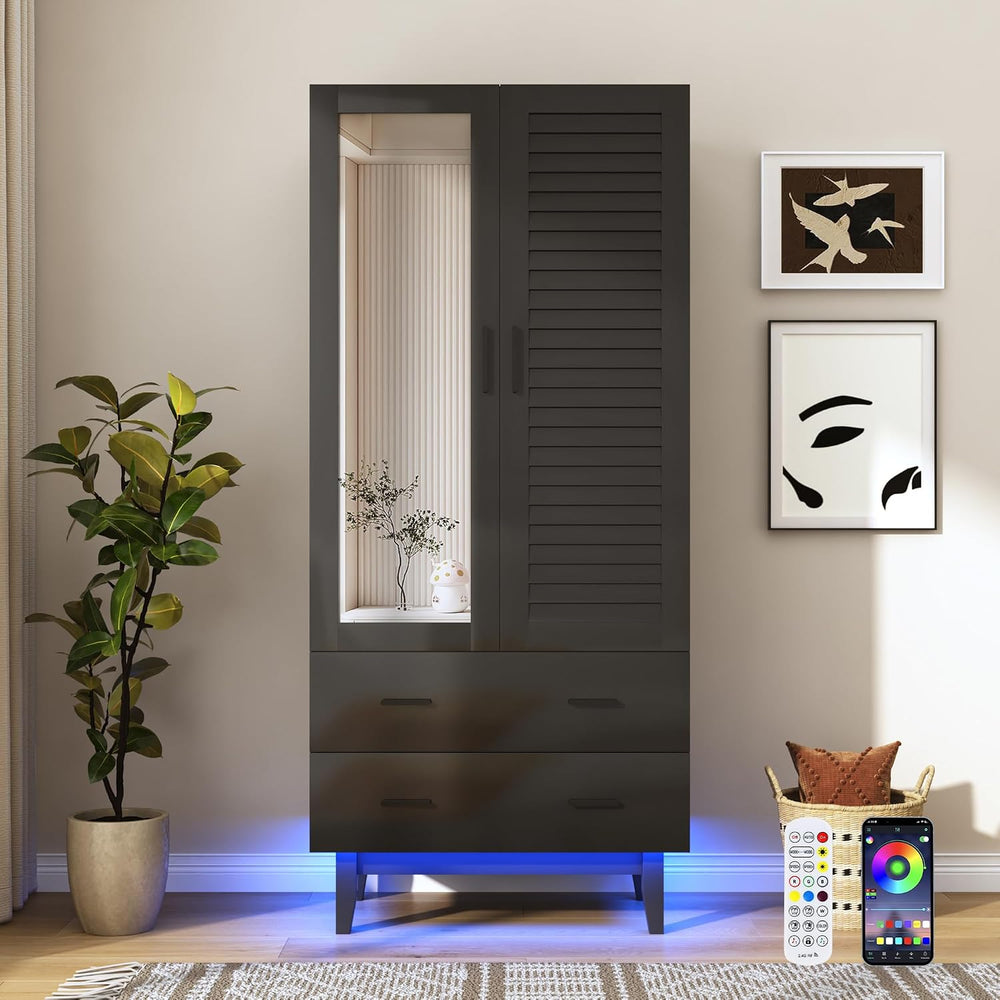 jiteentarou 2 Door Armoire Wardrobe Closet Cabinet with Drawers and LED Light...
