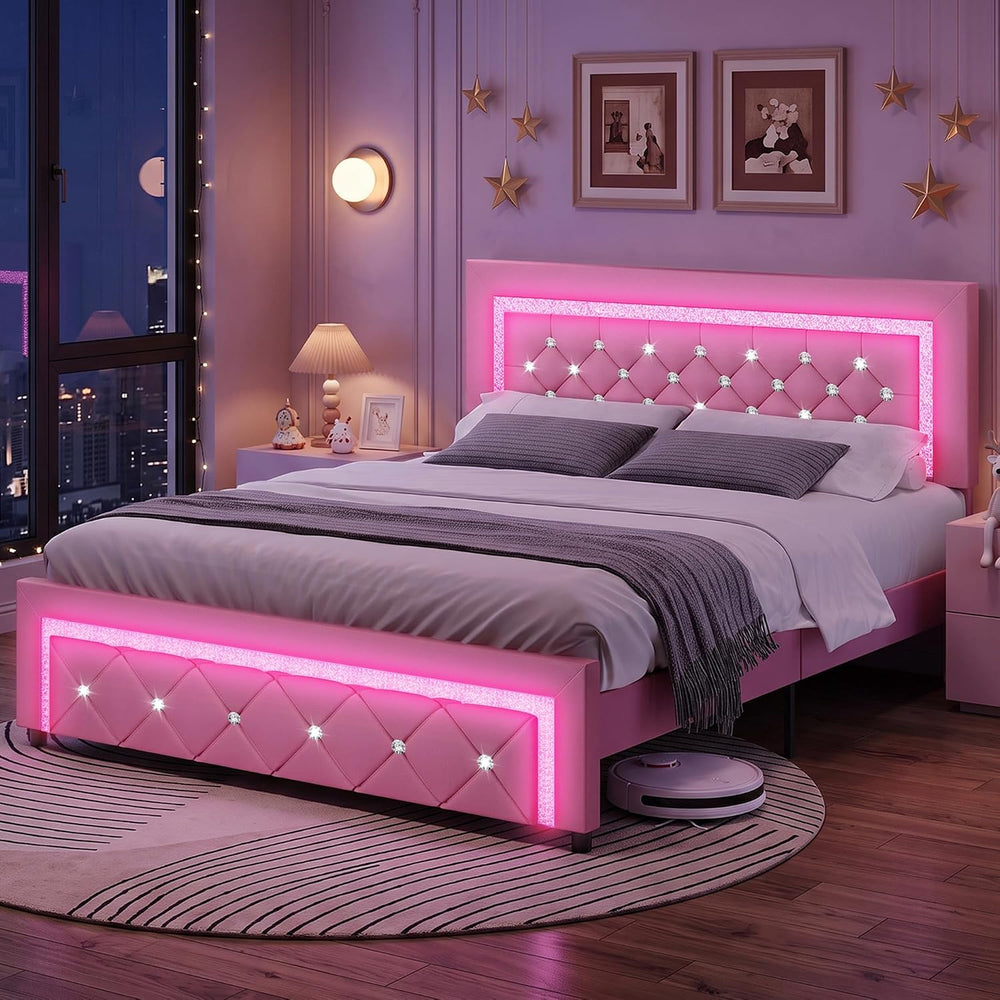 BarnFurin Full Bed Frame with LED Lights, Diamond Tufted Headboard, Pink